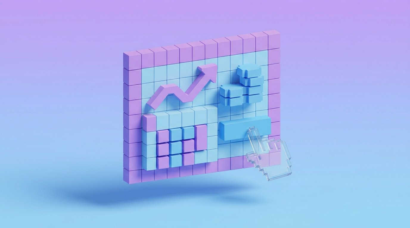 Ilustração em blocos 3D de um painel com gráfico subindo e um cursor clicando, em lilás e azul